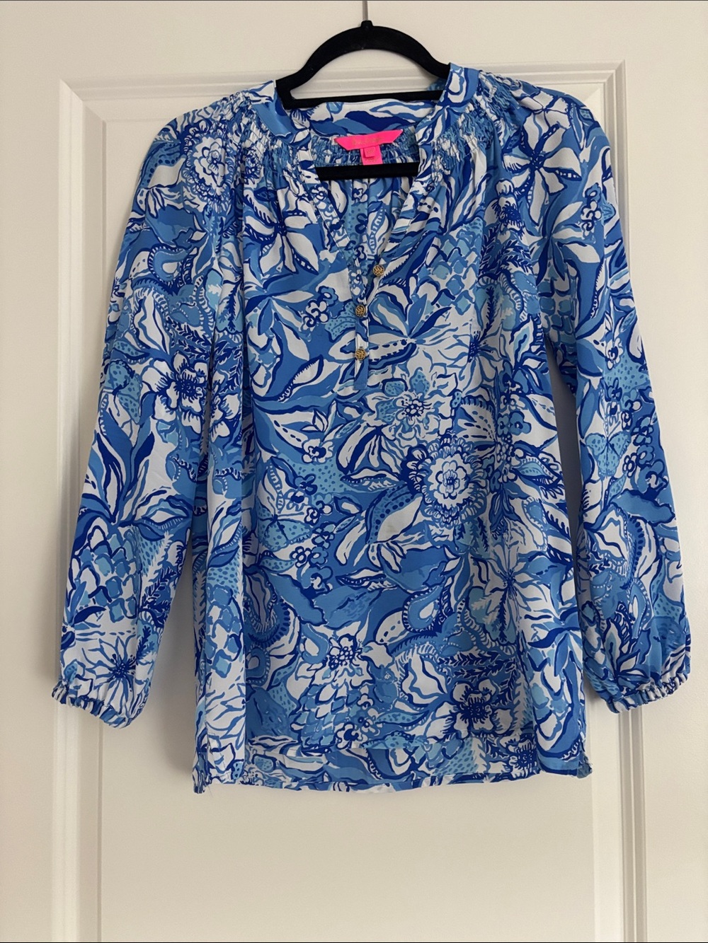 Lilly Pulitzer Blue Floral Split-Neck Blouse